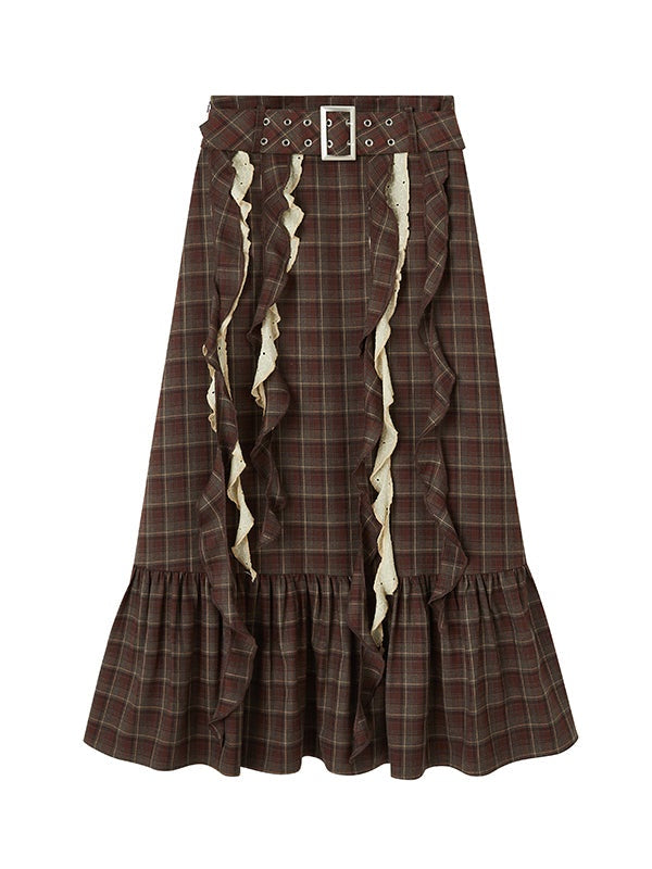 Ribbon Frill Plaid Flounce Skirt