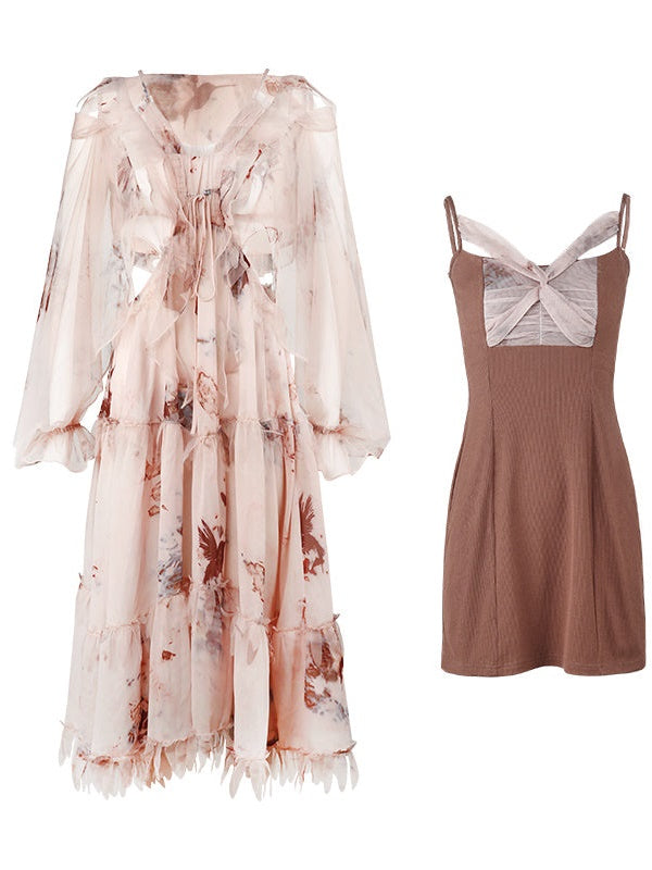 Exotic Print Set-up & Sling Dress & Culottes & Sheer Shirt