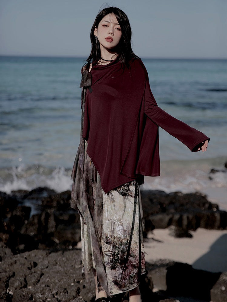 One-Shoulder Switching Forest Dress & Velvet Cape
