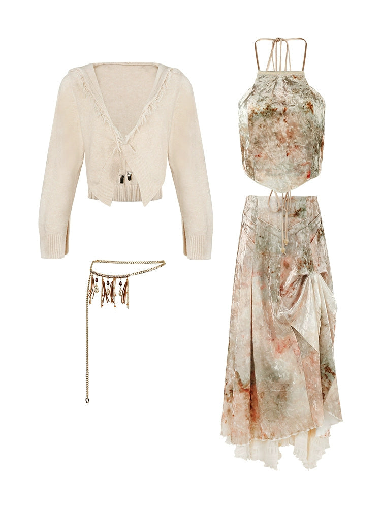 Velvet Print Halter-neck Vest & Layered Design Skirt & Chain Belt & Knitted Hooded Cardigan