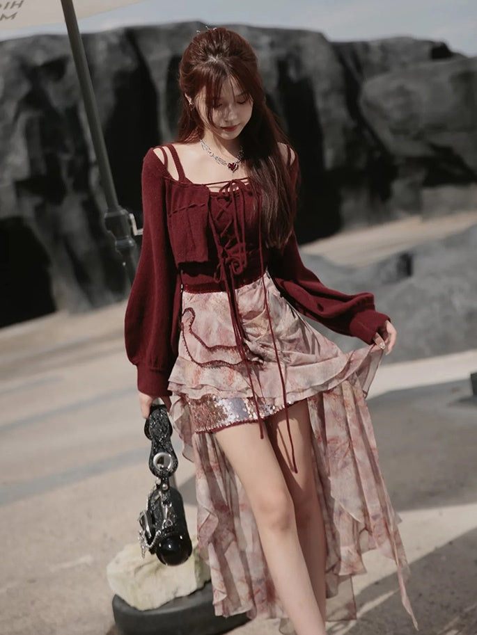 Sequin Camisole & Sheer Cardigan Set-up & Sequin Fishtail Skirt