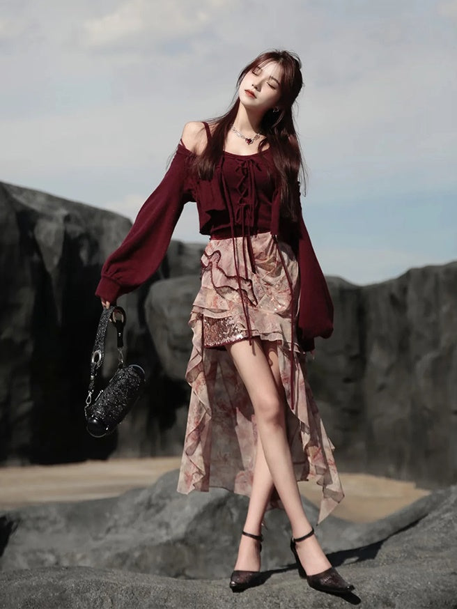 Sequin Camisole & Sheer Cardigan Set-up & Sequin Fishtail Skirt