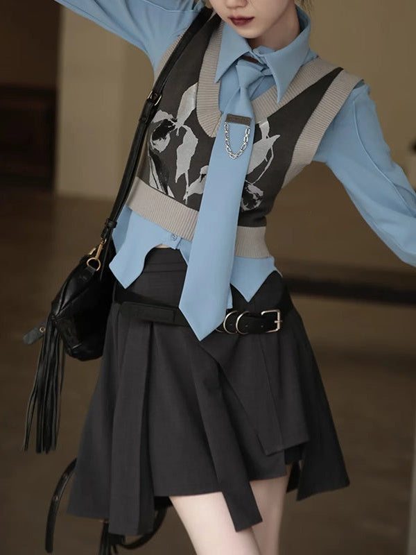 Plaid Wide Shoulder Jacket & Pleated Skirt Pants
