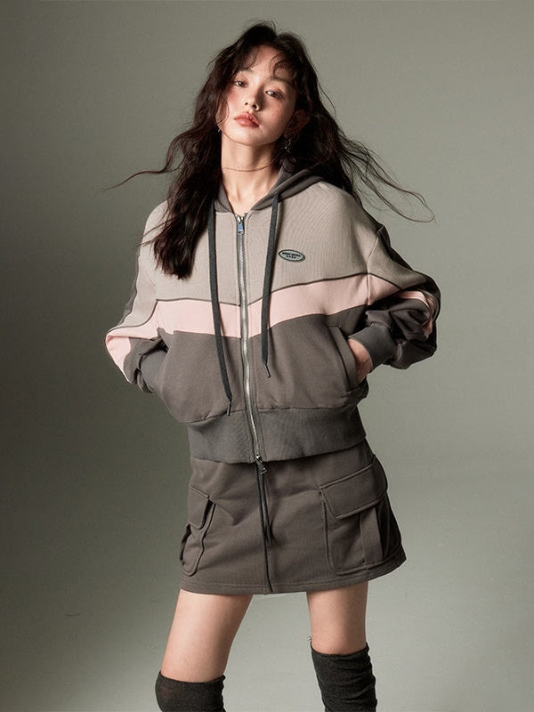 Sports Style ZIP-up Hoodie & A-Line Skirt