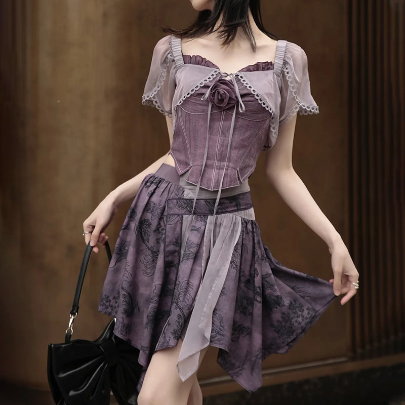 Chinese Style Short Top & Irregular Hem Skirt & Camisole & Cropped Sheer Cardigan