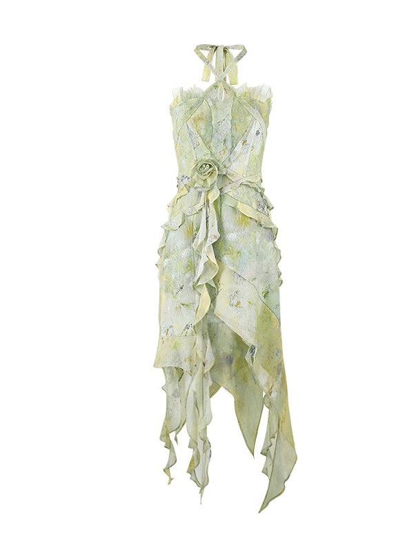 Oil Painting Printing Fishtail Dress & Top & Set-up