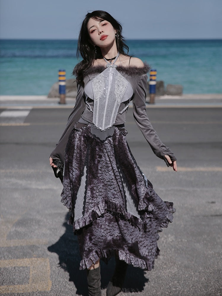 Fur Collar Top & Halter-neck Vest & Cut Lace Skirt
