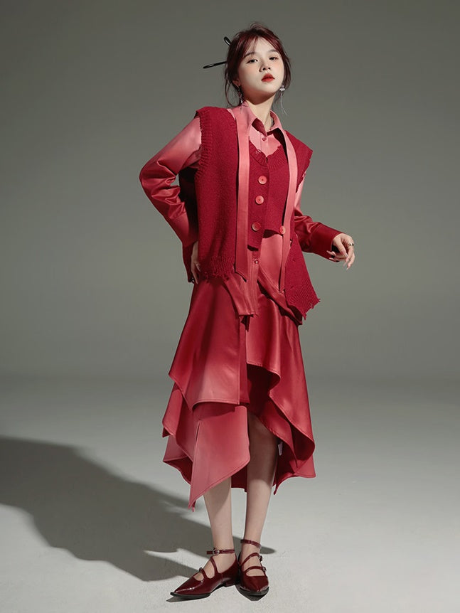 Gradation Detachable 2way Shirt Dress & Knitted Vest