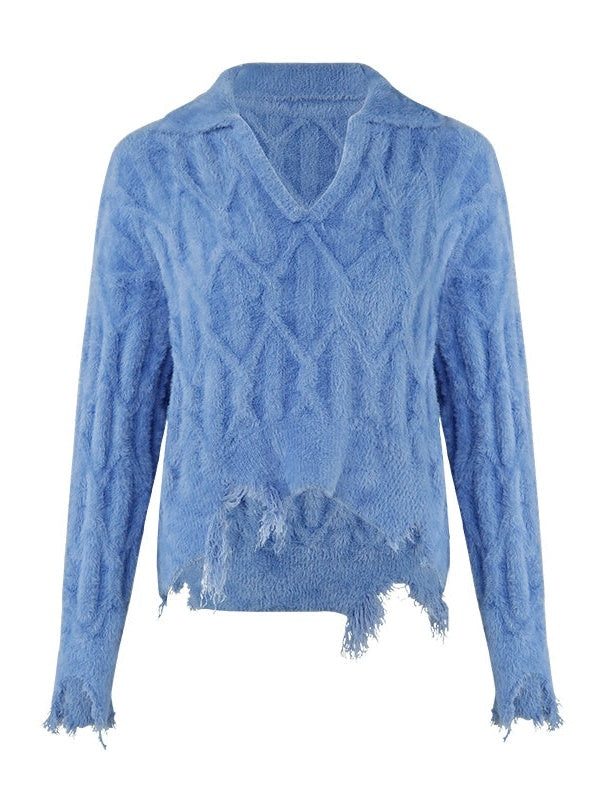 Polo Neck Damage Style Short Sweater
