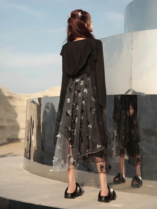 Butterfly Ribbon Gauze Hooded Dress
