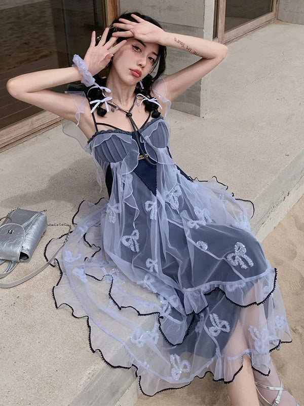 Butterfly Embroidered Ribbon Fake Two-Piece Dress & Cardigan