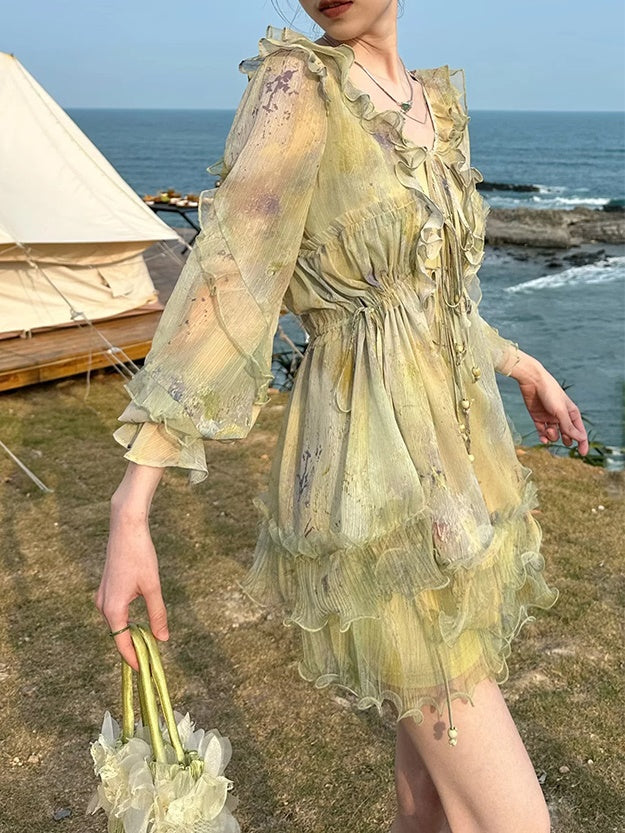 Oil Painting Printing Fishtail Dress & Top & Set-up