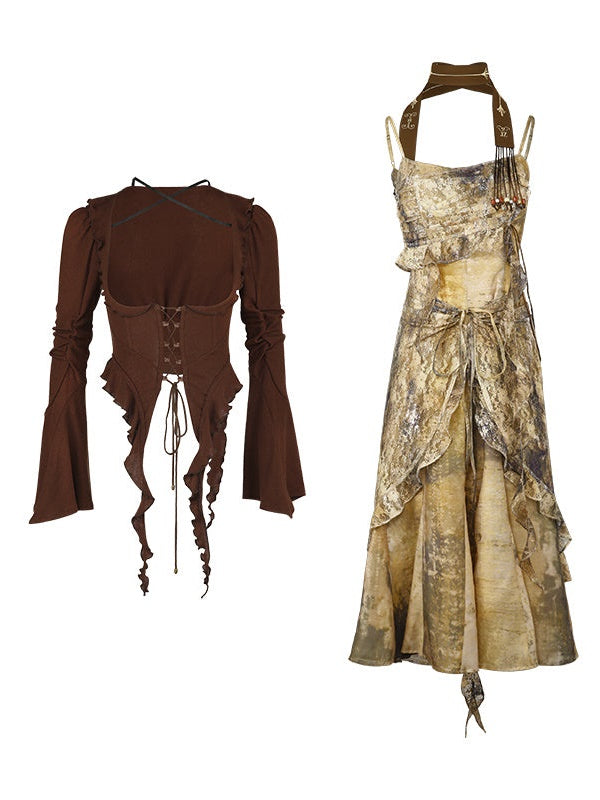 Classical Aesthetics Printed Lace Dress & Waist Slim Cardigan