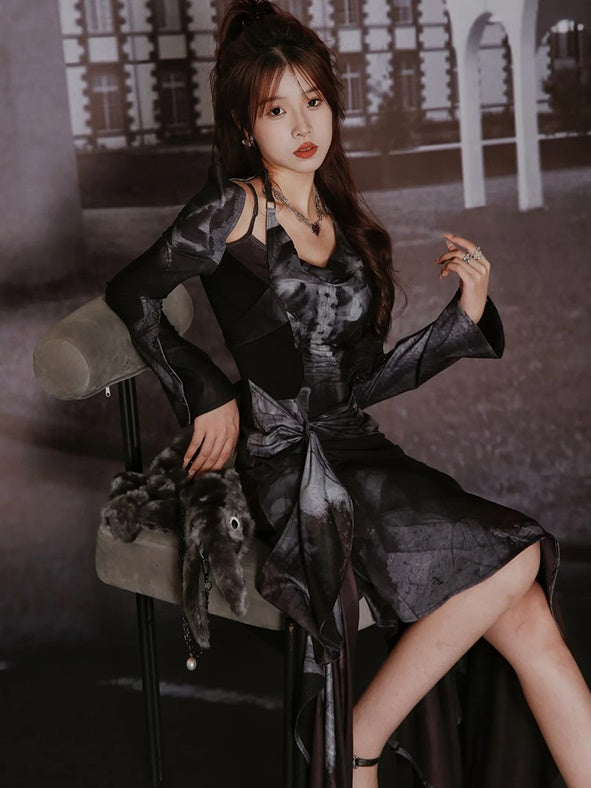 Butterfly Print Halterneck Dress & Flare Sleeve Cardigan