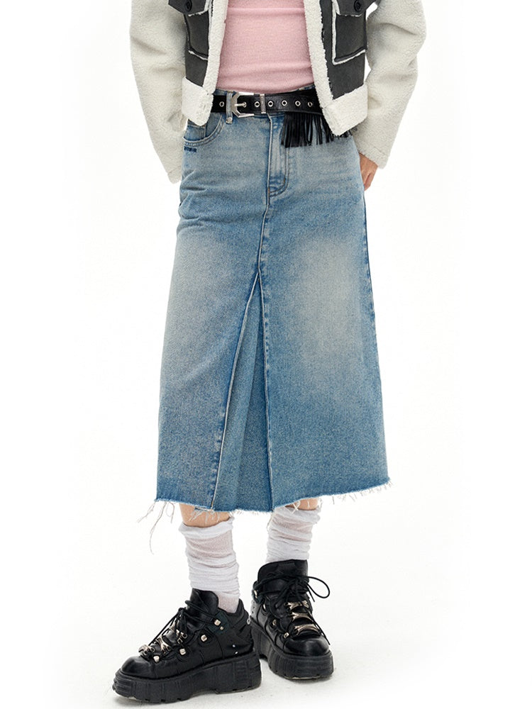 Accordion Hem Raw Edge Denim Skirt