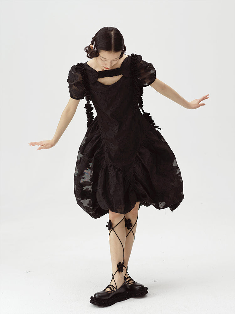 Irregular Flower Bud Black Dress