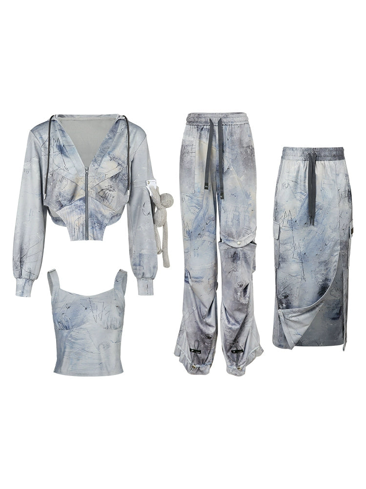 Graffiti Print Parka & Camisole Set & Cutout Pants & Slit Skirt