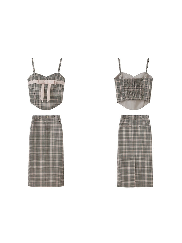 Plaid Bow Cropped Camisole & Long Skirt