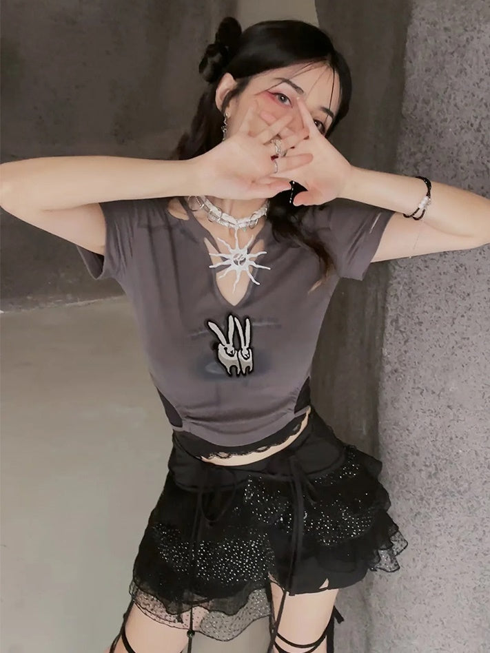 Bunny Length T-Shirt & Black Lace Set-up