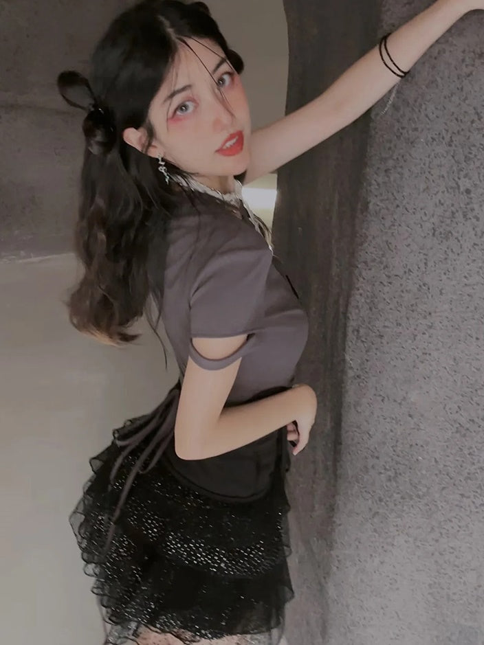 Bunny Length T-Shirt & Black Lace Set-up
