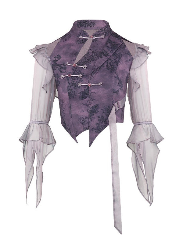 Chinese Style Short Top & Irregular Hem Skirt & Camisole & Cropped Sheer Cardigan