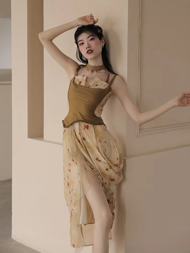 Floral Printed Strap Fake Layered Dress & Shirt