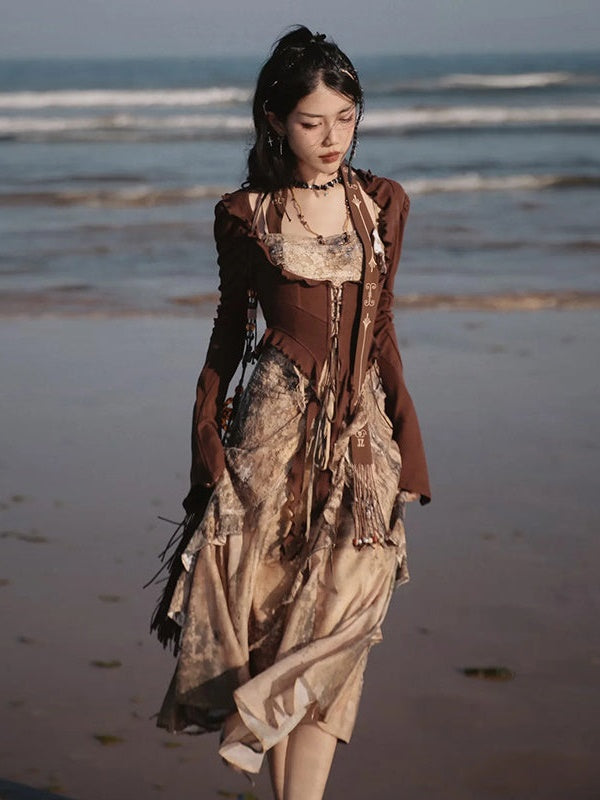 Classical Aesthetics Printed Lace Dress & Waist Slim Cardigan