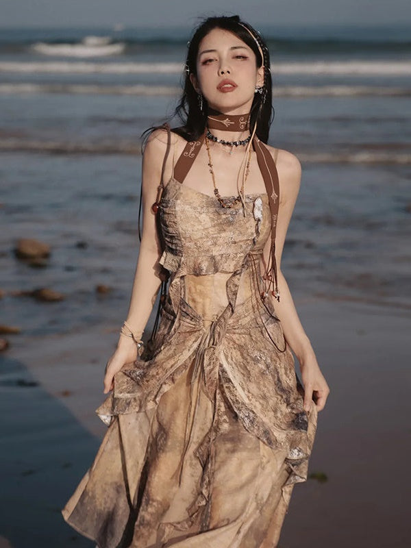 Classical Aesthetics Printed Lace Dress & Waist Slim Cardigan