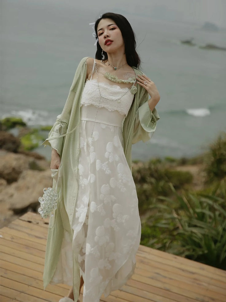 Jacquard Slip Bud Dress & Sheer Cardigan & Accessory
