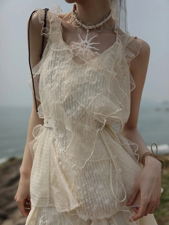 Frill Stitch Sleeveless Top & Irregular Flare Skirt