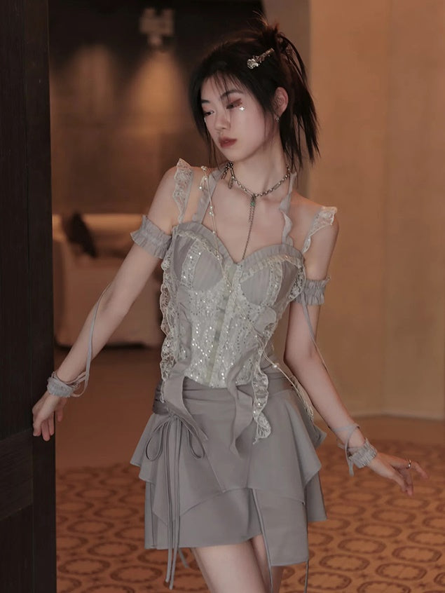 Lace Spangle Stitch Camisole Top & Irregular Hem Culottes