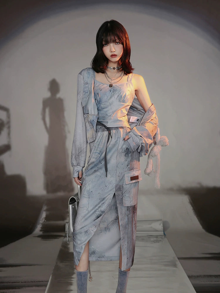 Graffiti Print Parka & Camisole Set & Cutout Pants & Slit Skirt