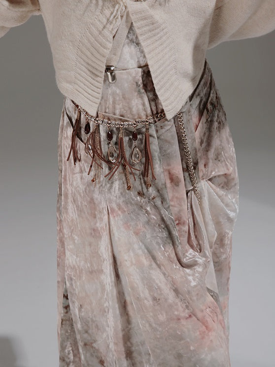 Velvet Print Halter-neck Vest & Layered Design Skirt & Chain Belt & Knitted Hooded Cardigan