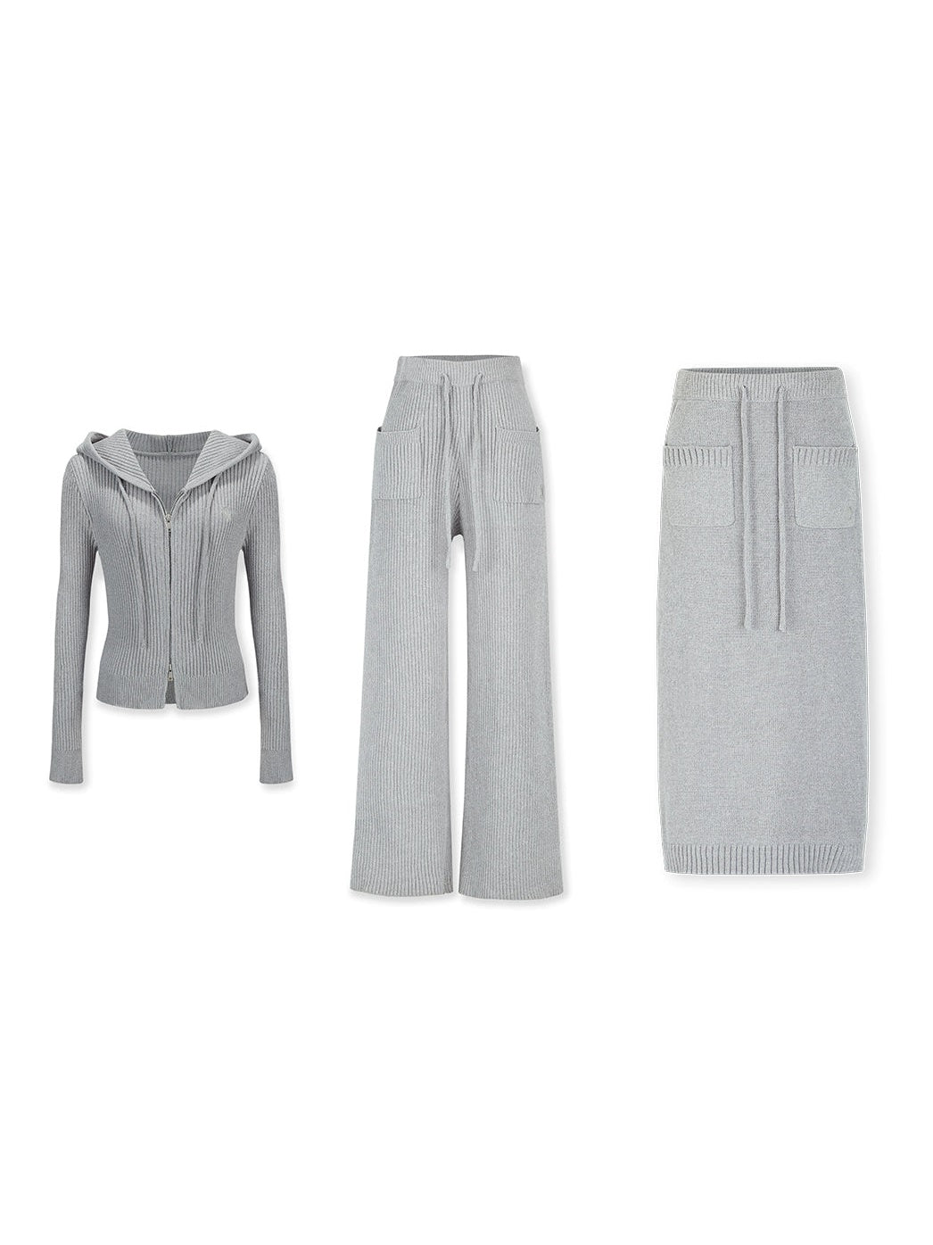Relaxing Hooded Knitted Parka & Skirt & Pants