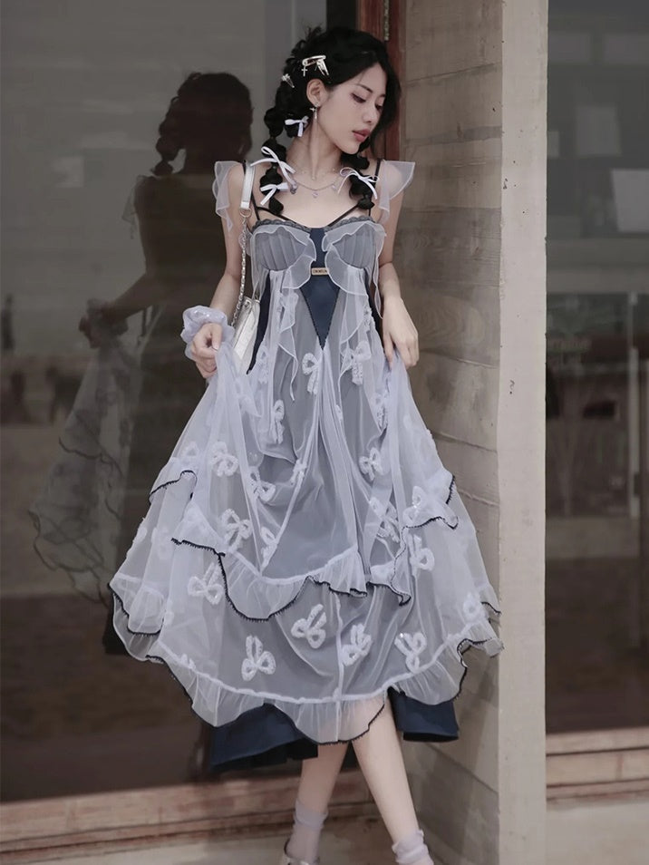 Butterfly Embroidered Ribbon Fake Two-Piece Dress & Cardigan