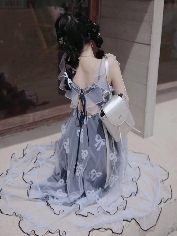 Butterfly Embroidered Ribbon Fake Two-Piece Dress & Cardigan