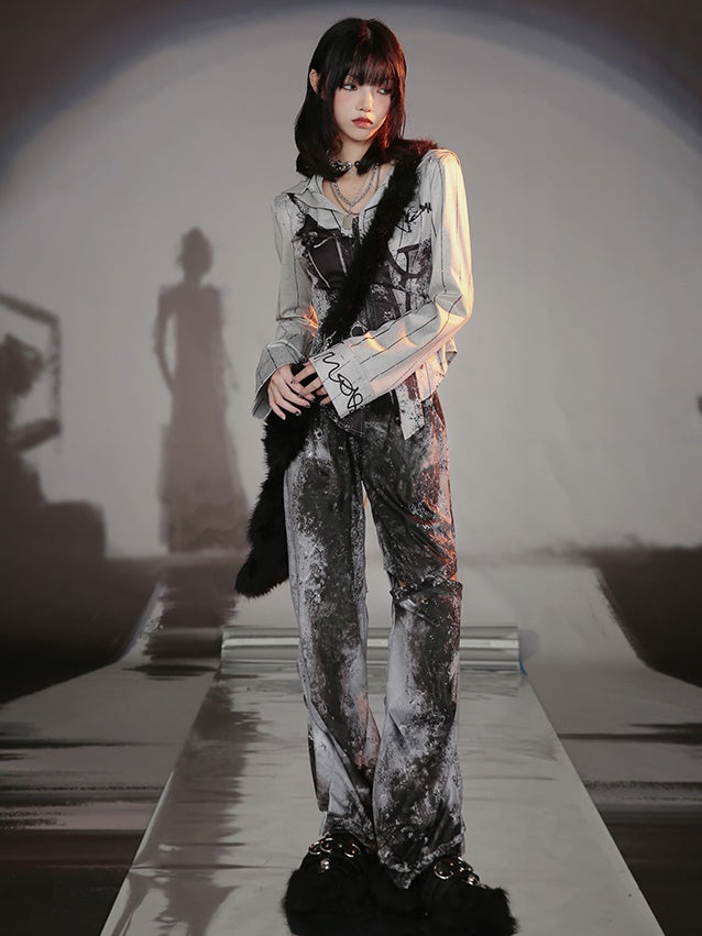 Graffiti Print Parka & Camisole Set & Cutout Pants & Slit Skirt