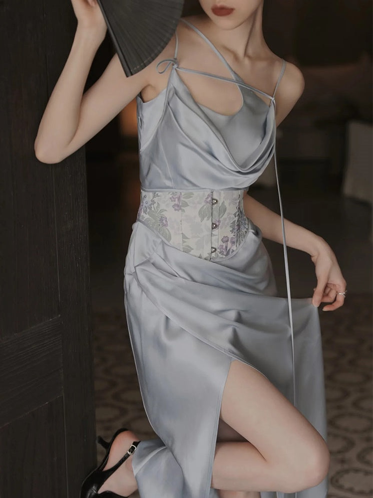 Drape Sling Dress With Floral Corset Belt