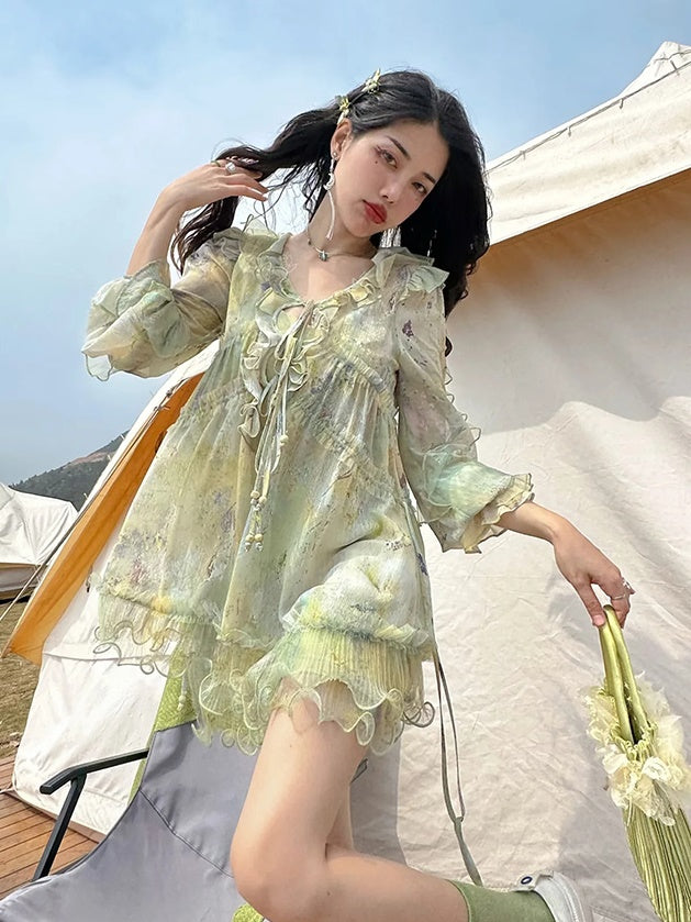 Oil Painting Printing Fishtail Dress & Top & Set-up