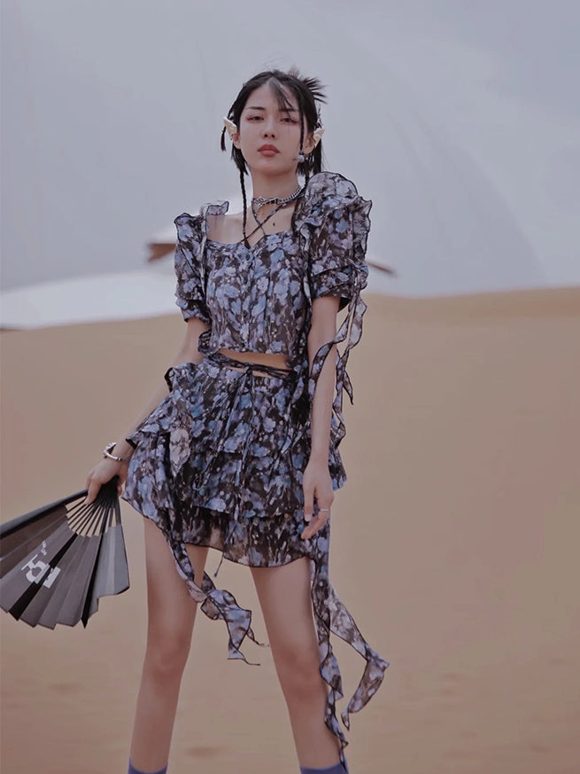 Flower 2way Halter-neck Ciffon Sweet Blouse Skirt