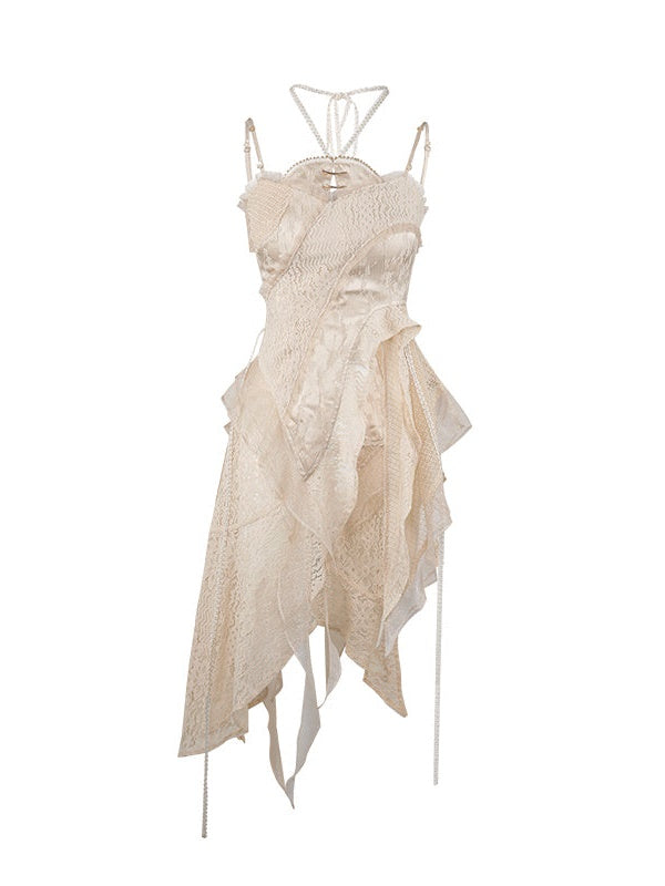Lace Asymmetry Long Camisole Top & Cake Culottes Skirt & Shawl Top