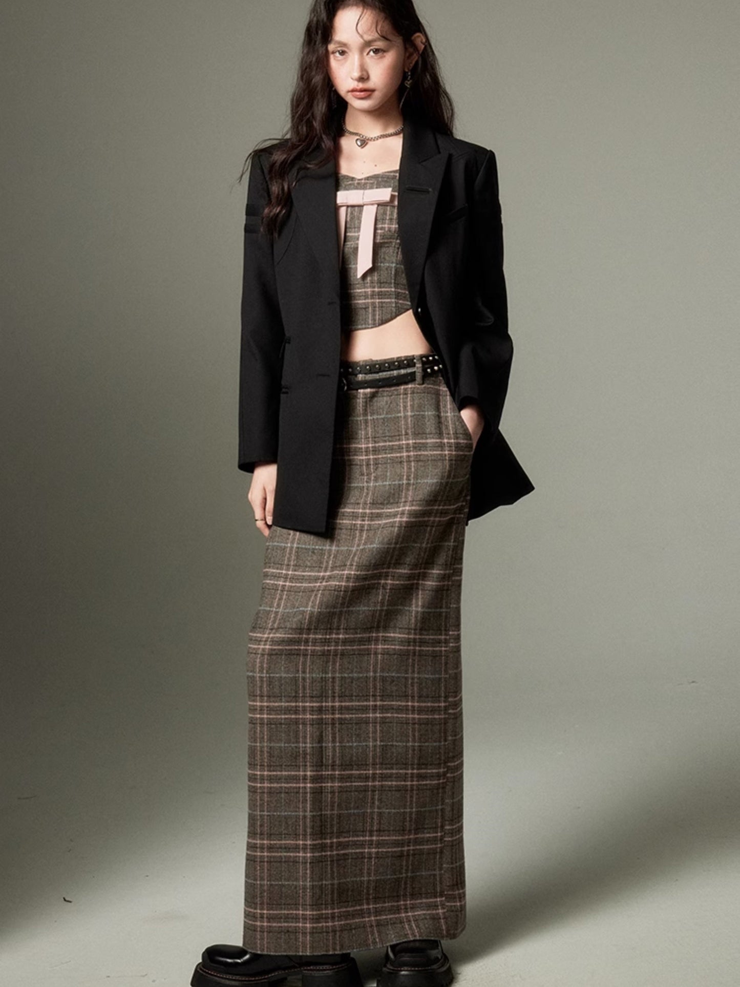 Plaid Bow Cropped Camisole & Long Skirt