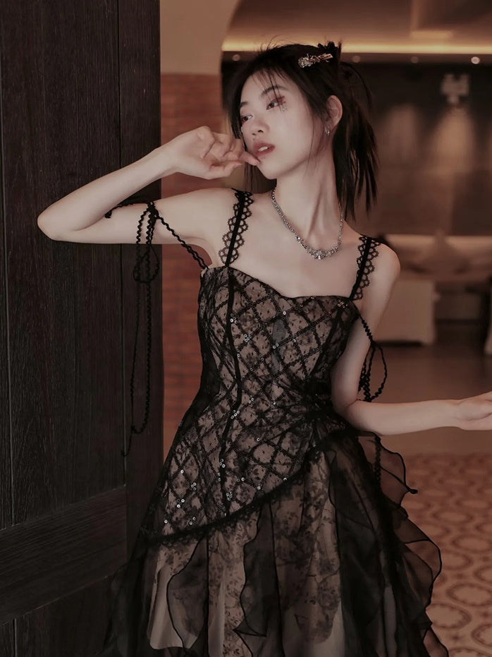 Irregular Frill Stitch Lace Sheer Sling Dress