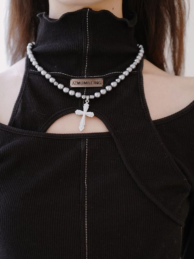 High Neck Structure & Hollow Knit Top