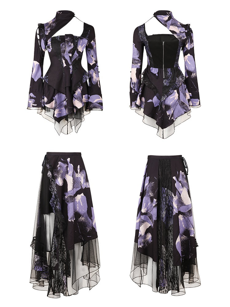 Modern Print Hollow Slim Waist Top & Fishtail Drape Skirt Set-up