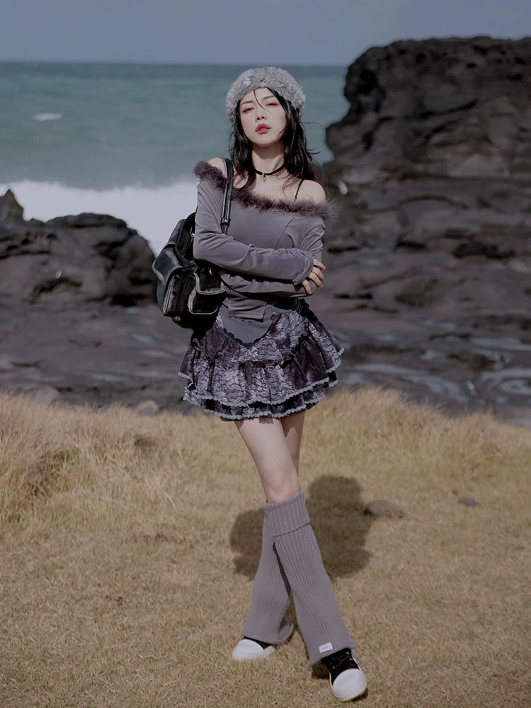 Fur Collar Top & Halter-neck Vest & Cut Lace Skirt