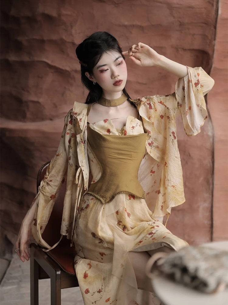 Floral Printed Strap Fake Layered Dress & Shirt