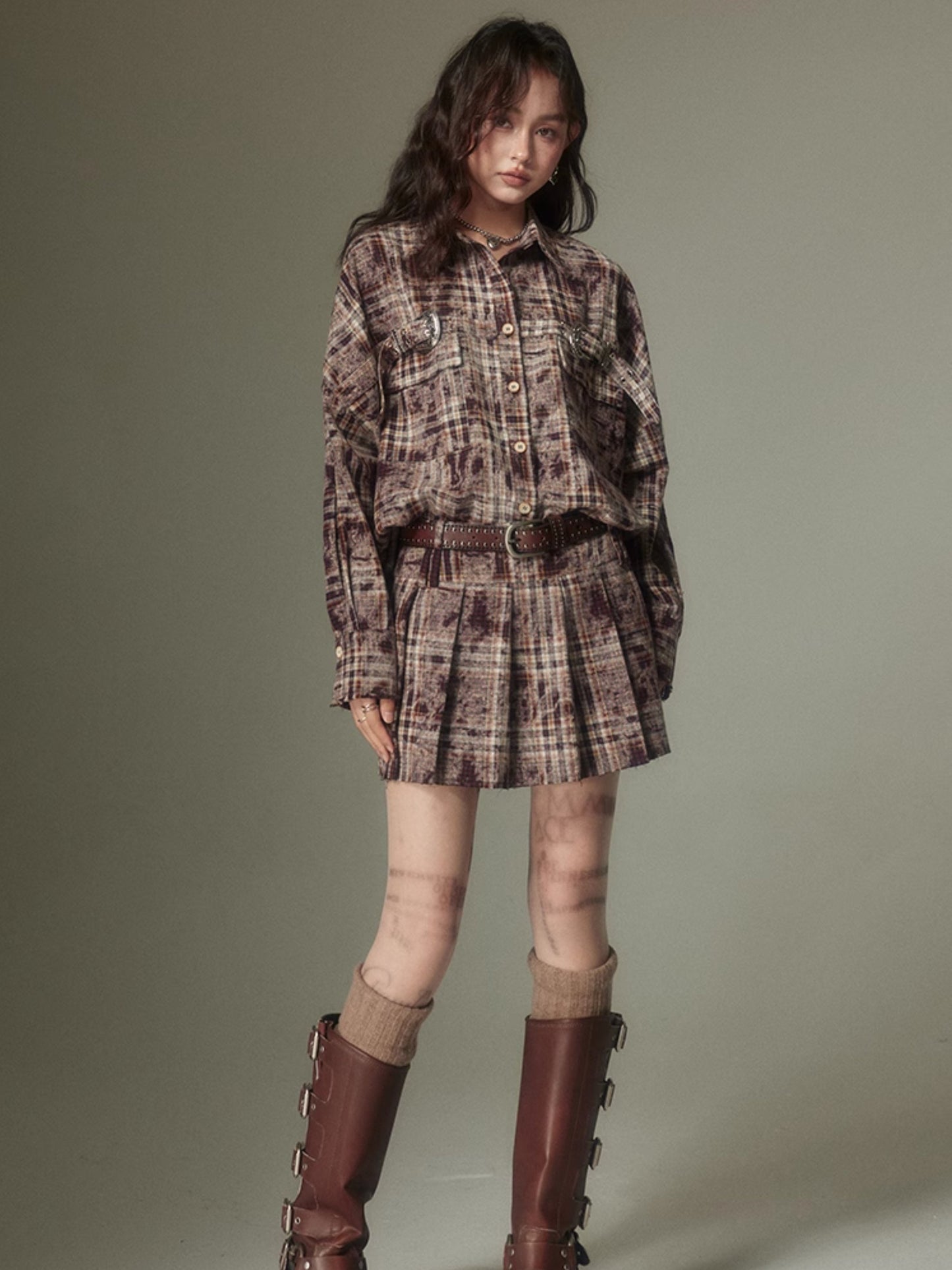 Plaid Loose Long Sleeve Shirt & Pleated Skirt