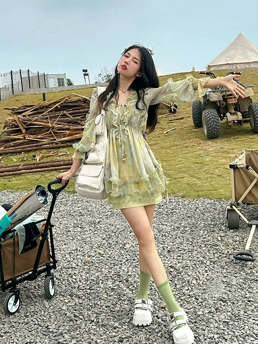 Oil Painting Printing Fishtail Dress & Top & Set-up