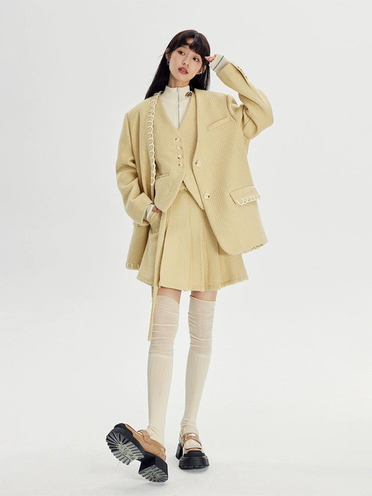 No-Collar Jacket & Vest & High-waisted Pleated Skirt